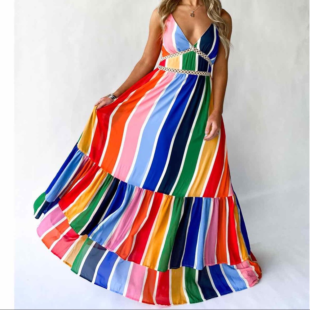 Rainbow Crochet Striped Maxi Dress